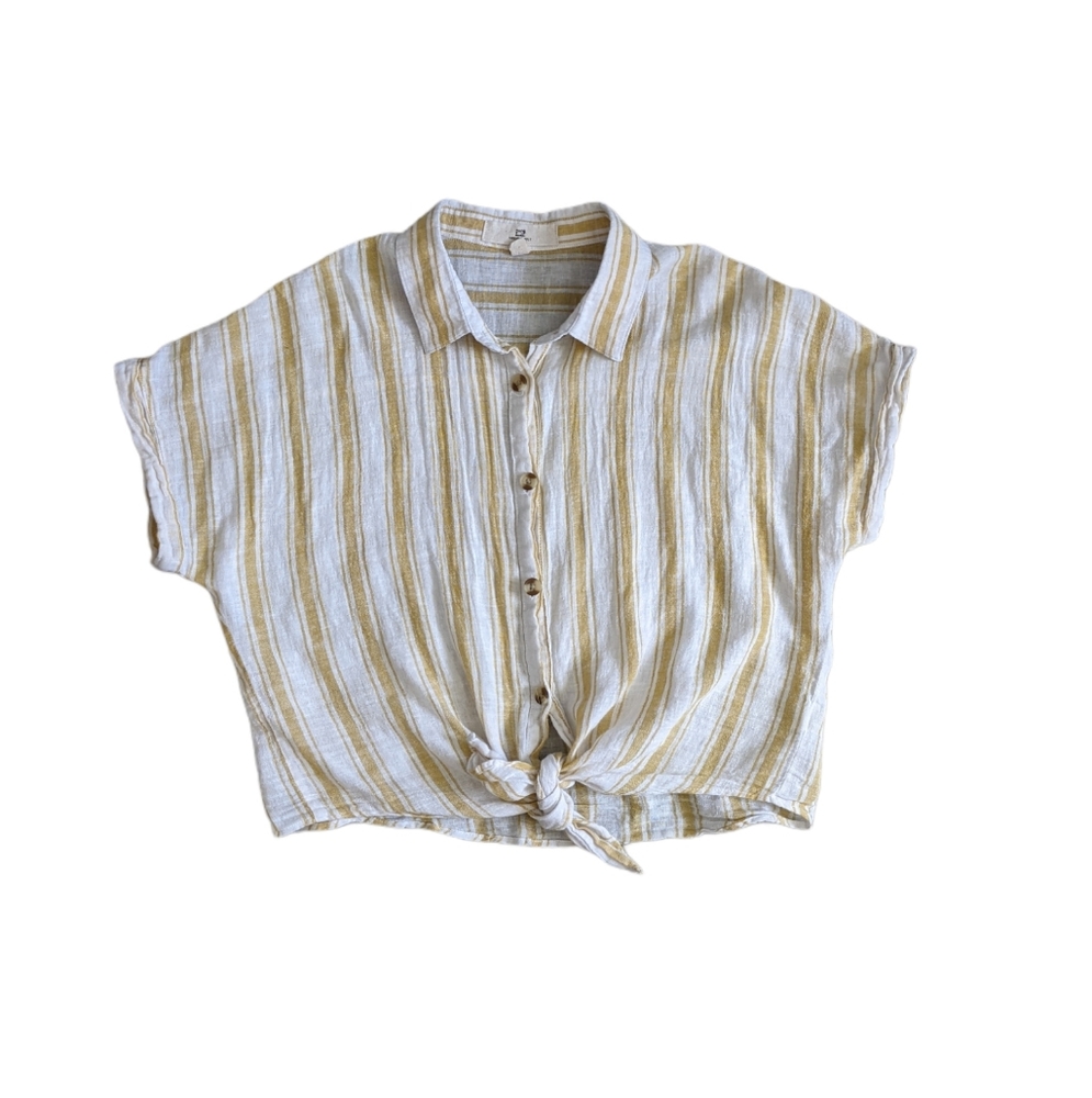 Linen Yellow Stripped Cropped Tie Front Blouse XL